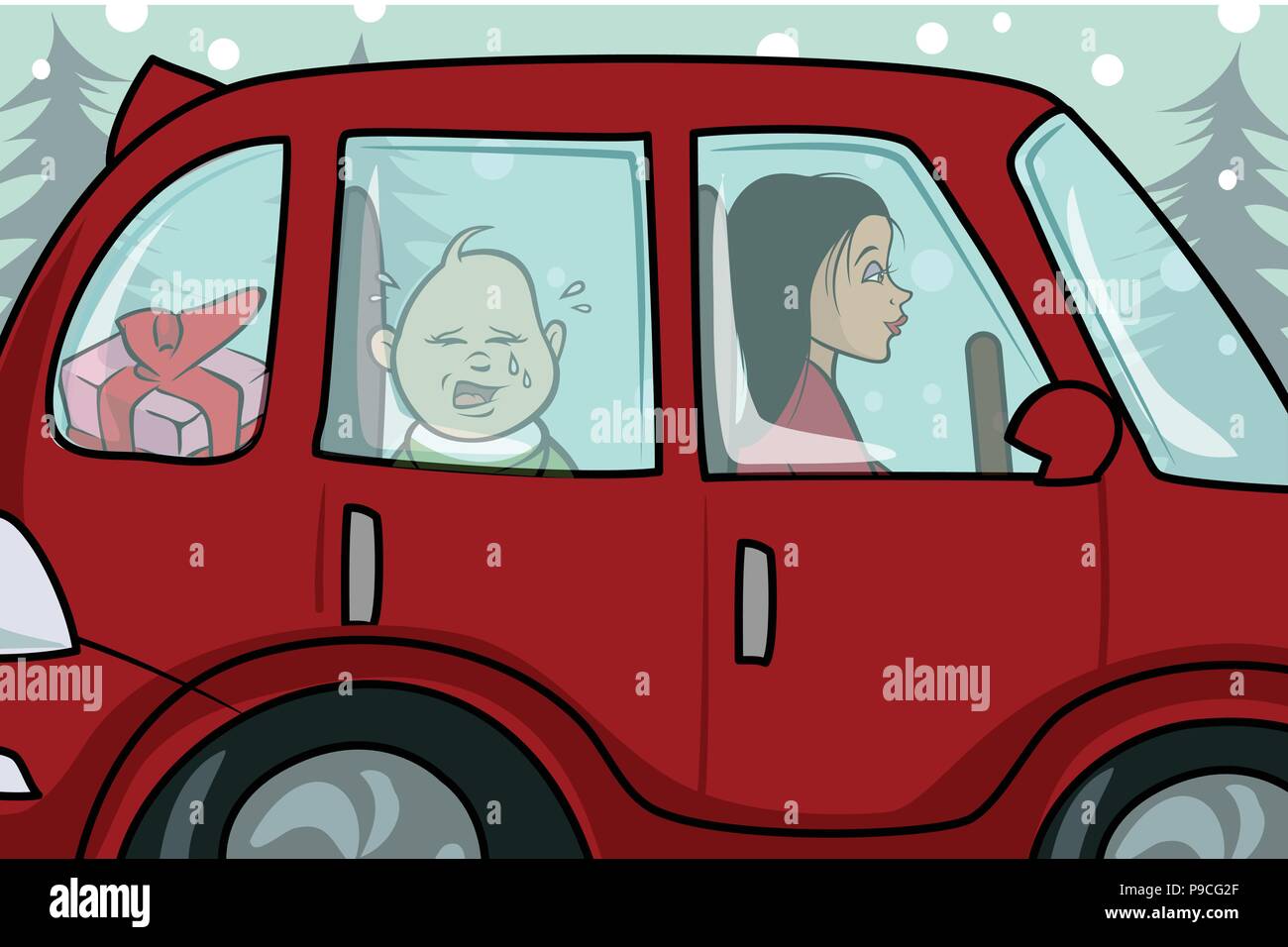 Fumetto illustrazione vettoriale di una madre alla guida di una macchina Illustrazione Vettoriale