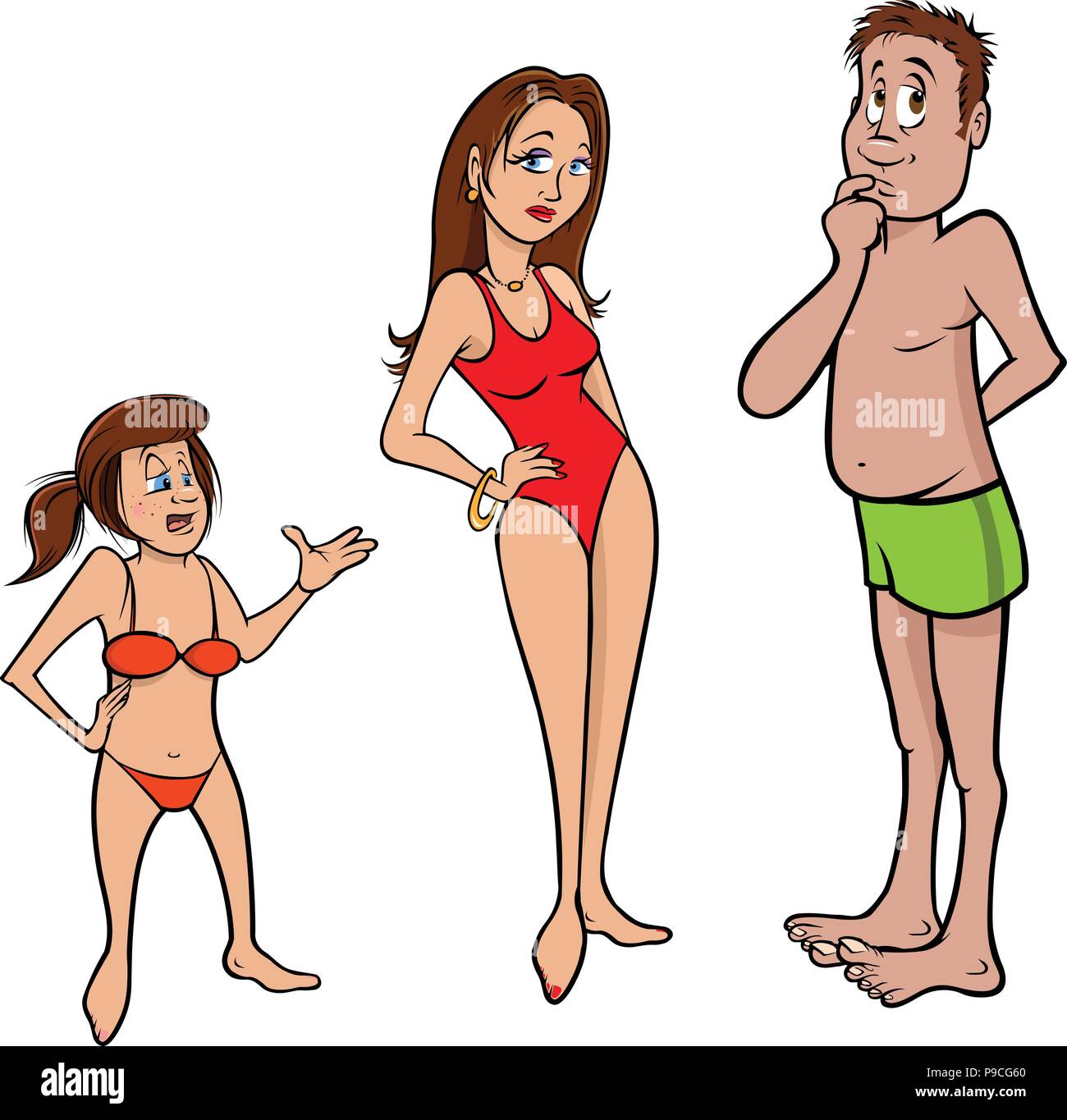Fumetto illustrazione vettoriale di una famiglia in spiaggia Illustrazione Vettoriale
