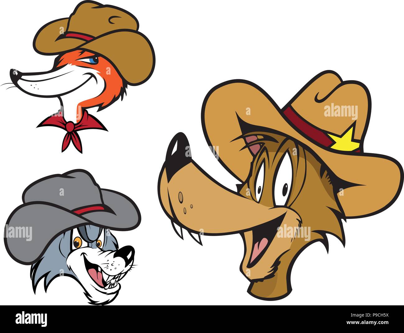 Fumetto illustrazione vettoriale di un cowboy Coyote Lupo fox Illustrazione Vettoriale