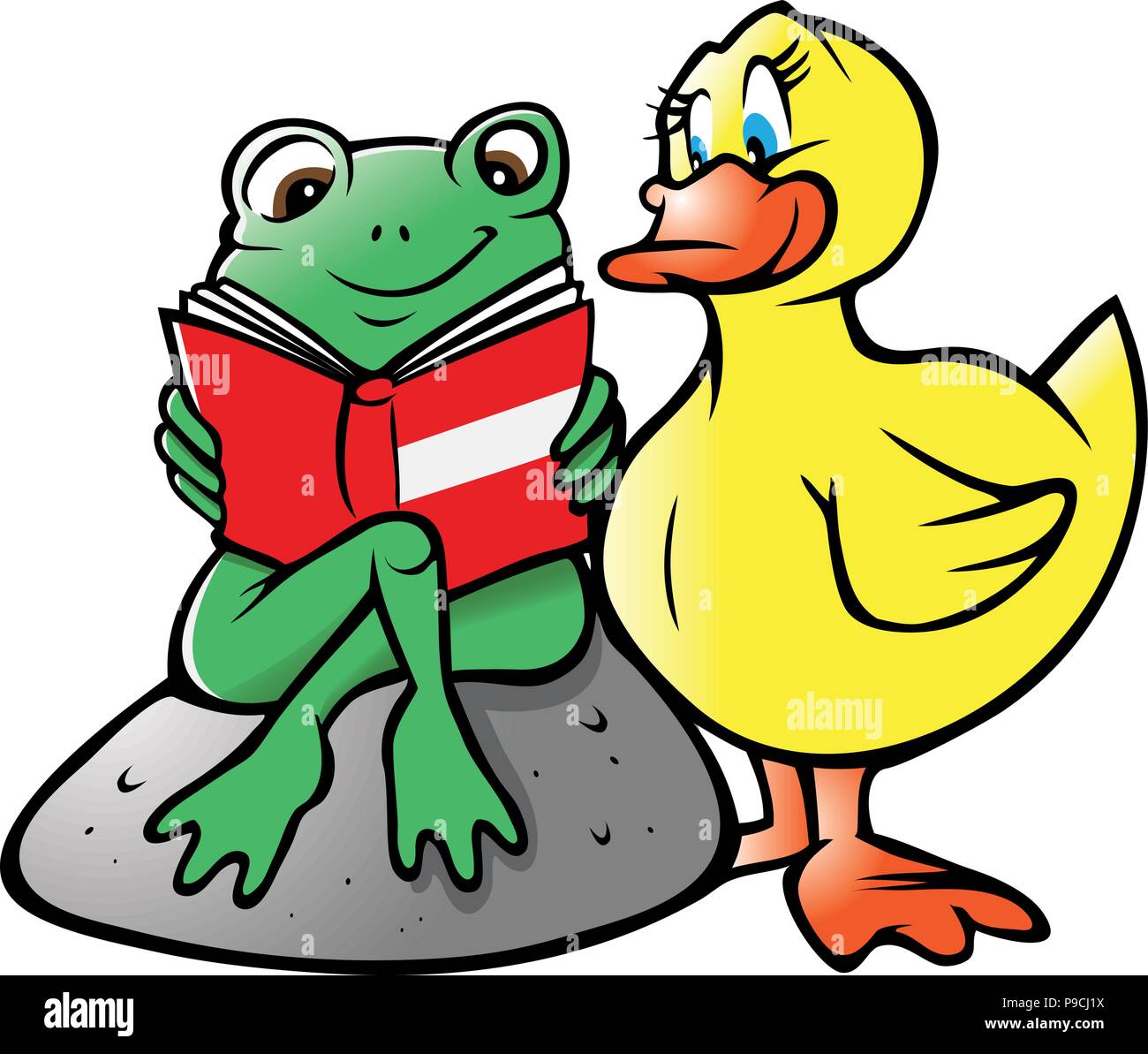Fumetto illustrazione vettoriale di una rana e lettura di anatra Illustrazione Vettoriale