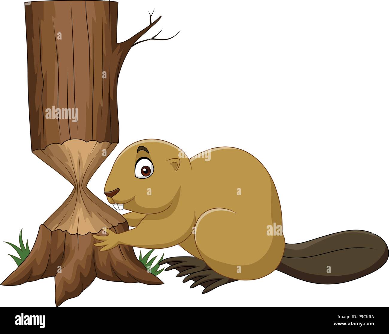 Cartoon beaver il taglio di alberi isolati su sfondo bianco Illustrazione Vettoriale