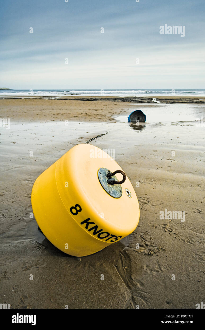 Boa di avvertimento su un wet spiaggia sabbiosa a bassa marea, England, Regno Unito Foto Stock