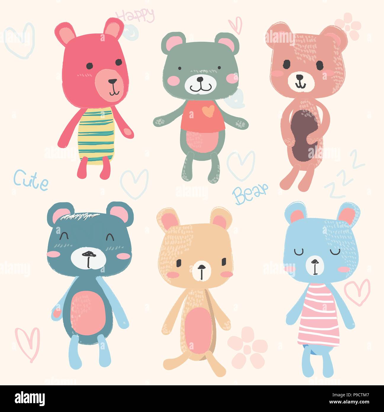 Set di vettore di simpatici orsetti personaggio dei fumetti del disegno a mano in colori pastello, baby e stampa infantile Illustrazione Vettoriale