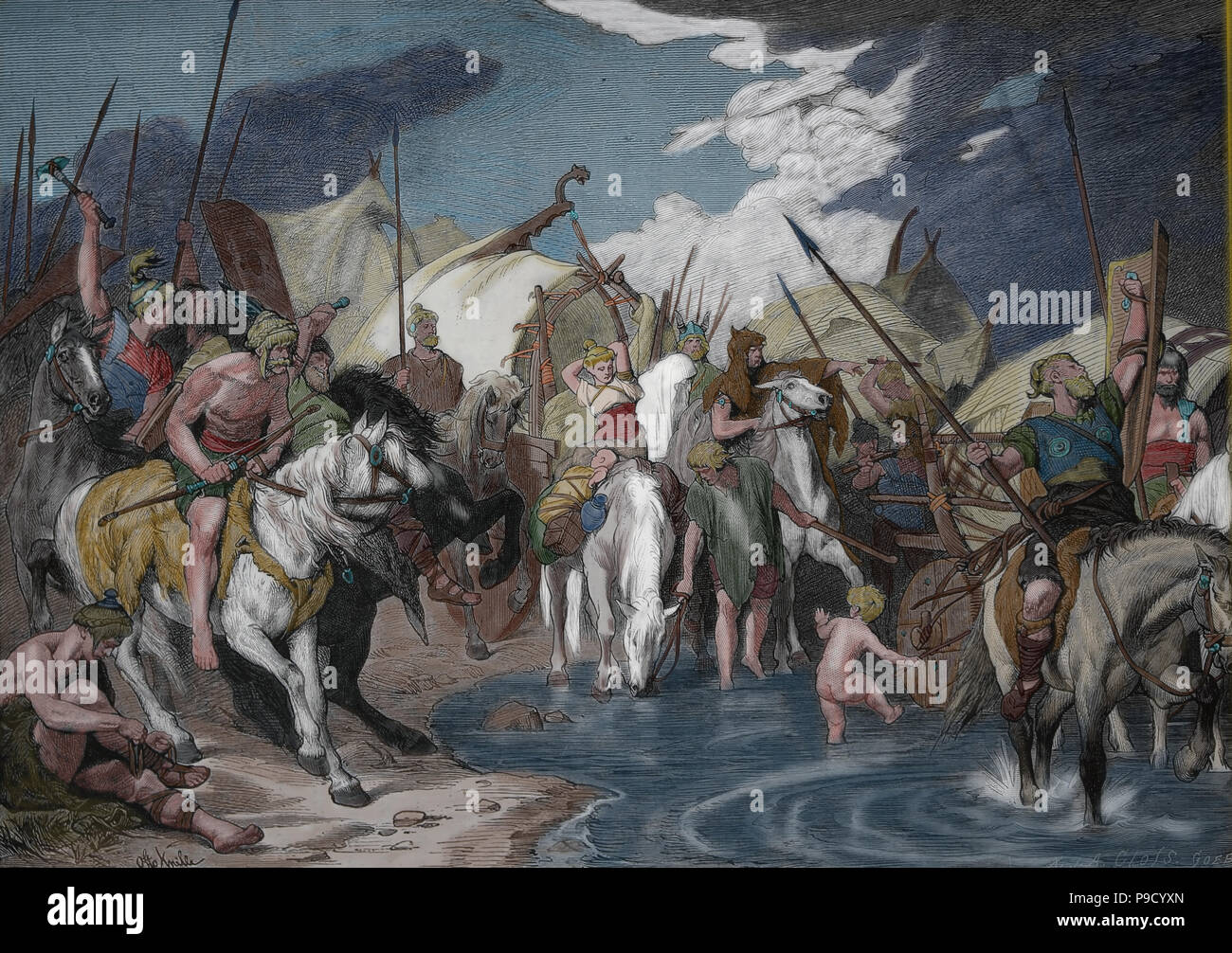 Periodo di migrazione (tribù germaniche e Unni). 4a-6a secolo. Incisione, 1882. Colore. Foto Stock