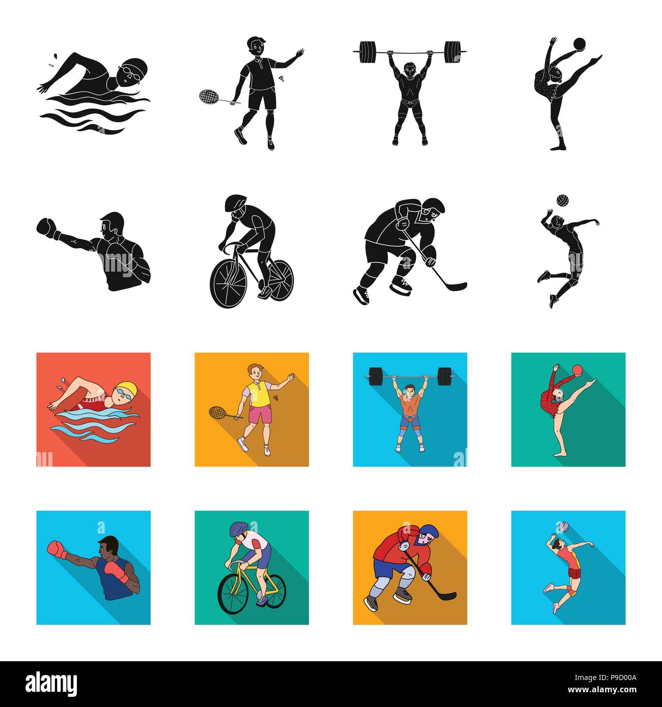 Escursioni in bicicletta, boxe, hockey su ghiaccio, pallavolo.sport olimpico set di icone di raccolta in nero,flet stile simbolo vettore illustrazione stock . Illustrazione Vettoriale