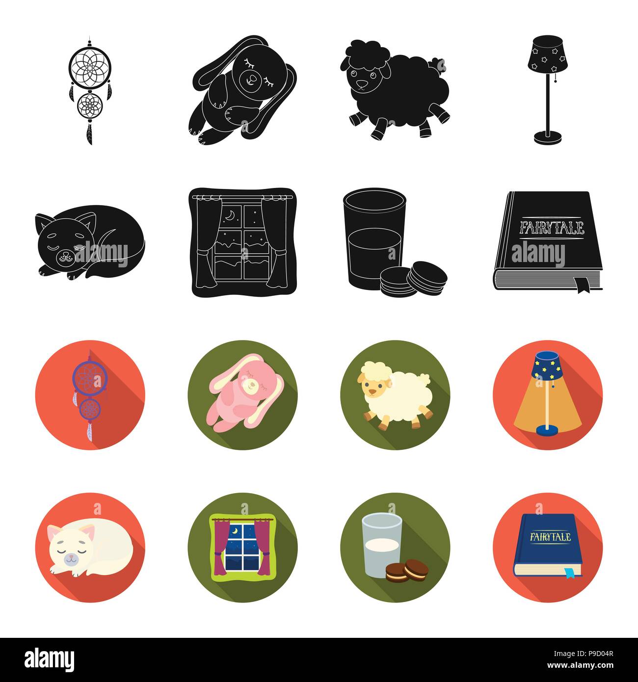 Gatto pelo, notte al di fuori della finestra, latte e biscotti, favole. Il riposo e il sonno set di icone di raccolta in nero,flet stile simbolo del vettore il magazzino Illustrazione Vettoriale
