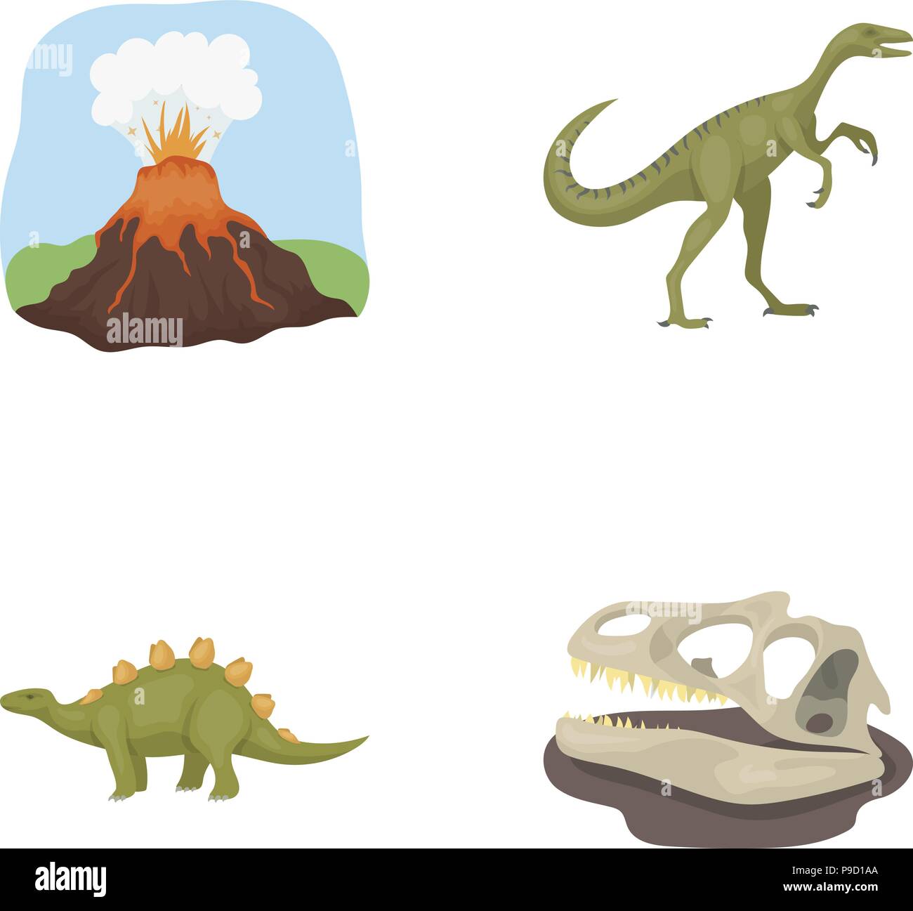 Eruzione vulcanica, gallimimus, stegosaurus,teschio di dinosauro. Dinosauro e periodo preistorico set di icone di raccolta in stile cartoon simbolo vettore stock ho Illustrazione Vettoriale