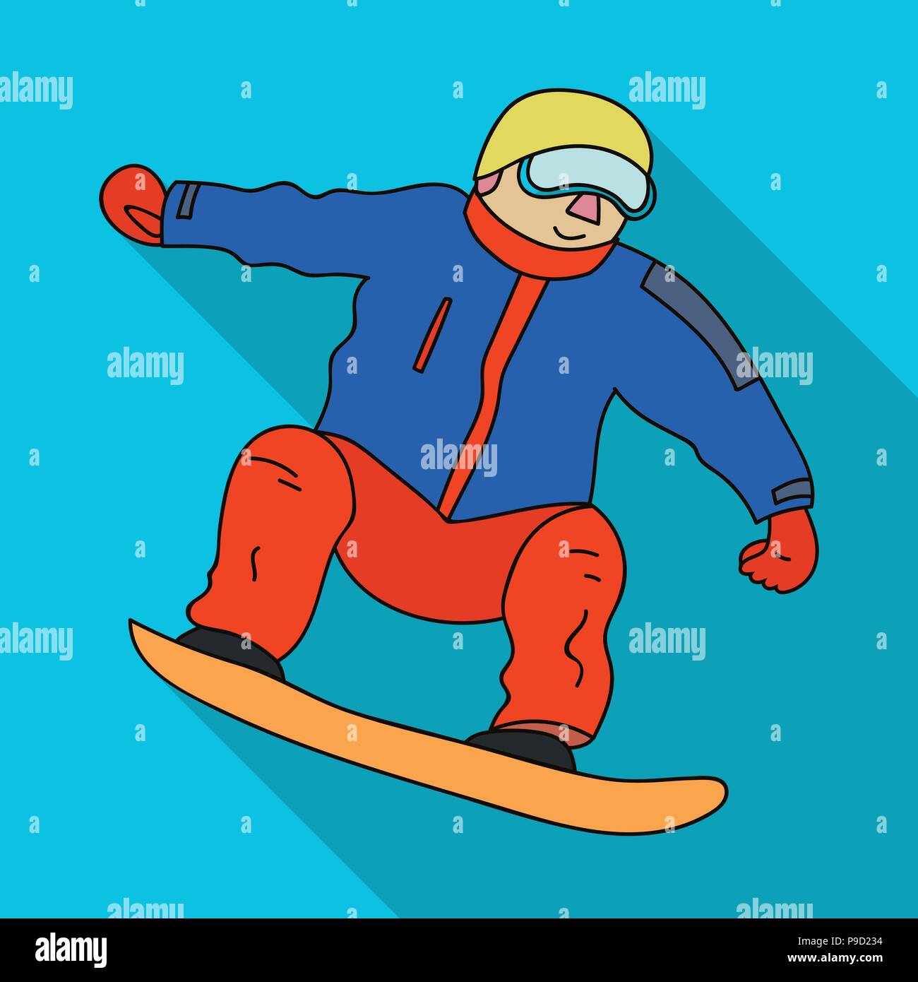 L'atleta con la giacca blu e pantaloni rossi su una snowboard.Snowboarder alle Olimpiadi.sport olimpici singola icona nella piana di vettore di stile simbolo magazzino Illustrazione Vettoriale