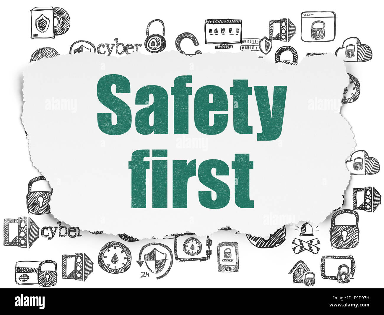 Il concetto di protezione: verniciato di verde del testo prima di sicurezza sulla carta strappata con sfondo disegnato a mano le icone di protezione Foto Stock