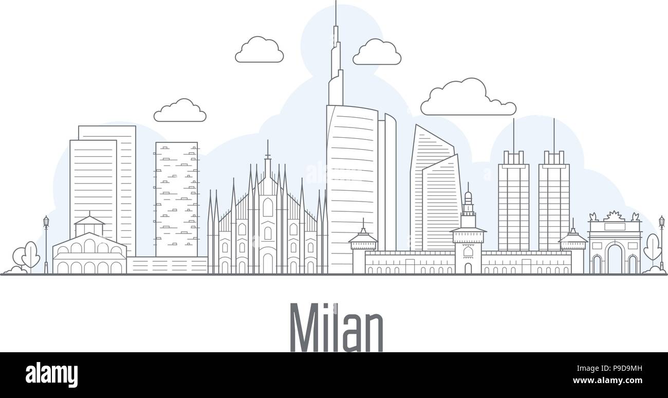 Milano skyline della città - Paesaggio con monumenti in stile camicia Illustrazione Vettoriale