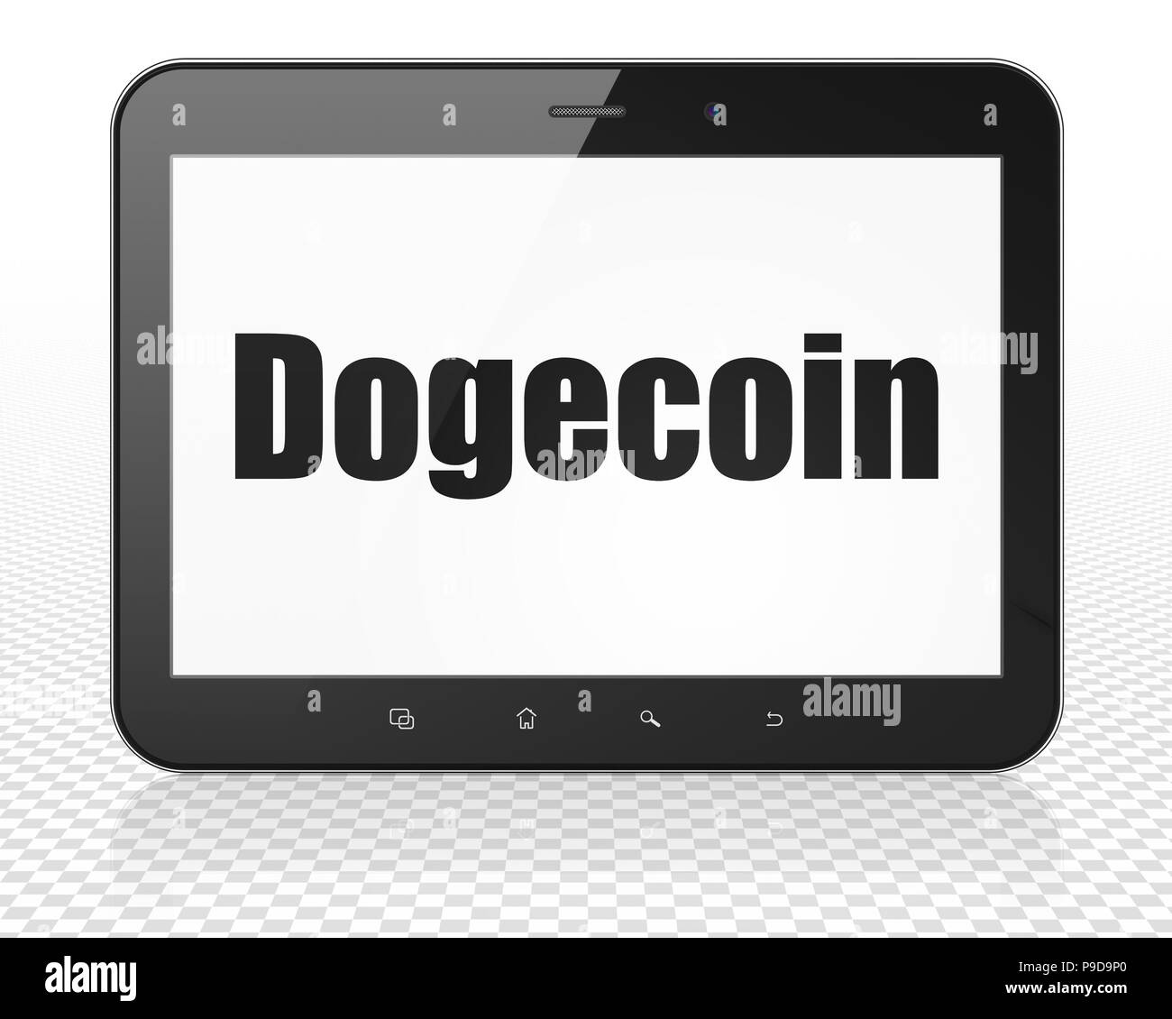 Concetto Blockchain: Tablet Pc Computer con testo nero Dogecoin sul display, rendering 3D Foto Stock