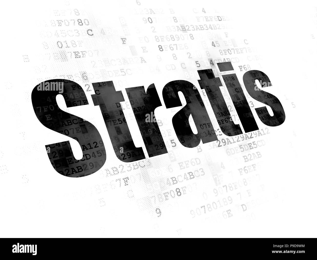 Concetto Blockchain: Pixel nero Stratis testo su sfondo digitale Foto Stock