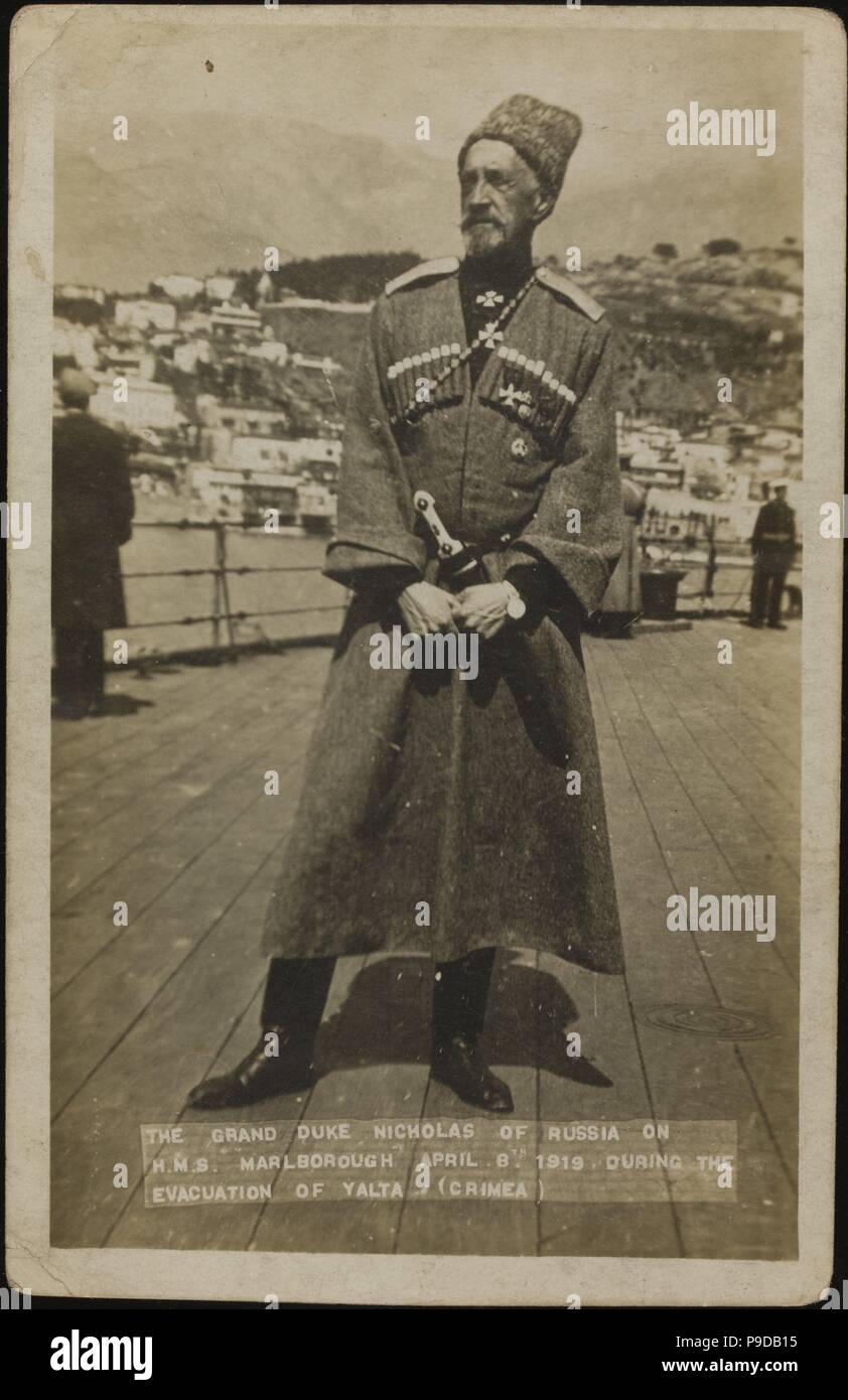 Il Granduca Nicholas Nikolaevich della Russia per la corazzata inglese HMS Marlborough. Crimea, aprile 1919. Museo: Collezione privata. Foto Stock