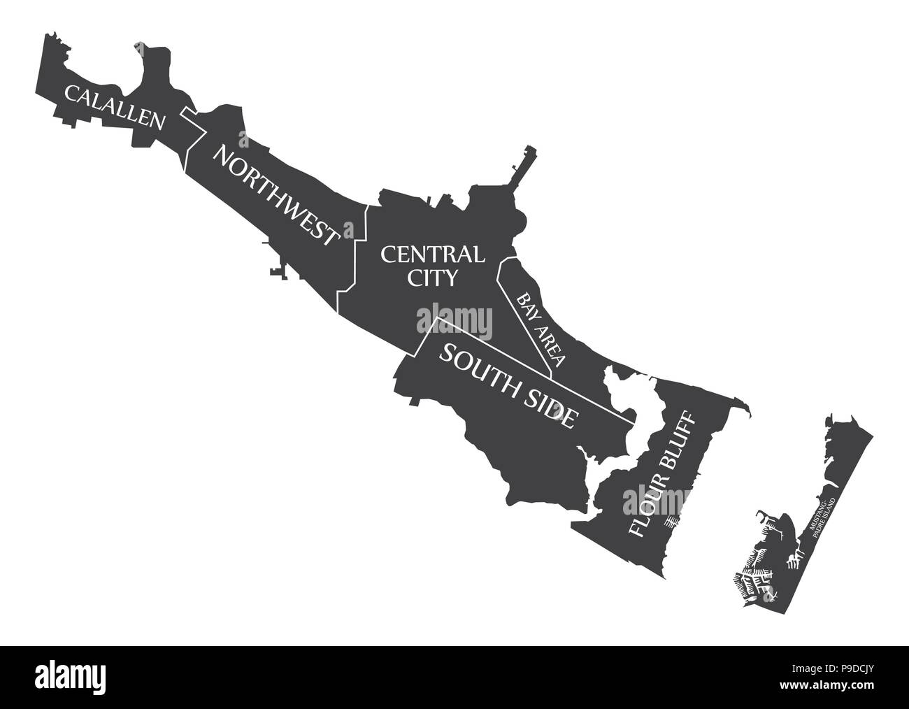 Corpus Christi Texas city mappa USA etichettati illustrazione nero Illustrazione Vettoriale
