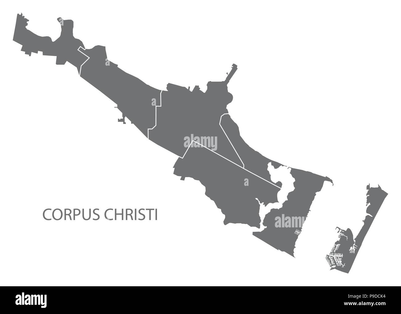 Corpus Christi Texas mappa della città con i quartieri grigio illustrazione forma silhouette Illustrazione Vettoriale