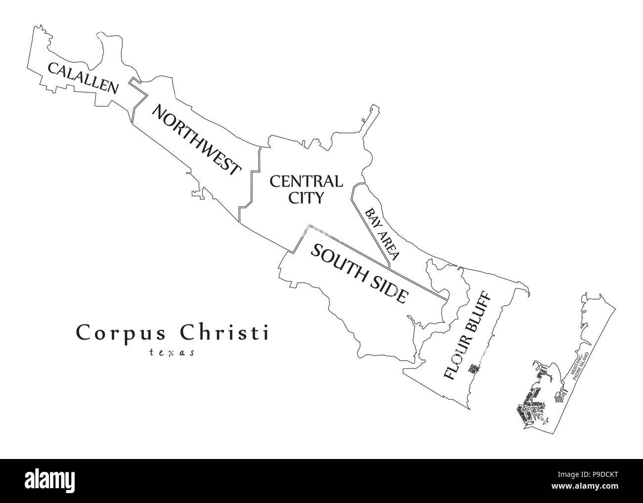 Città moderna mappa - Corpus Christi Texas città degli Stati Uniti con i quartieri e i titoli mappa di contorno Illustrazione Vettoriale
