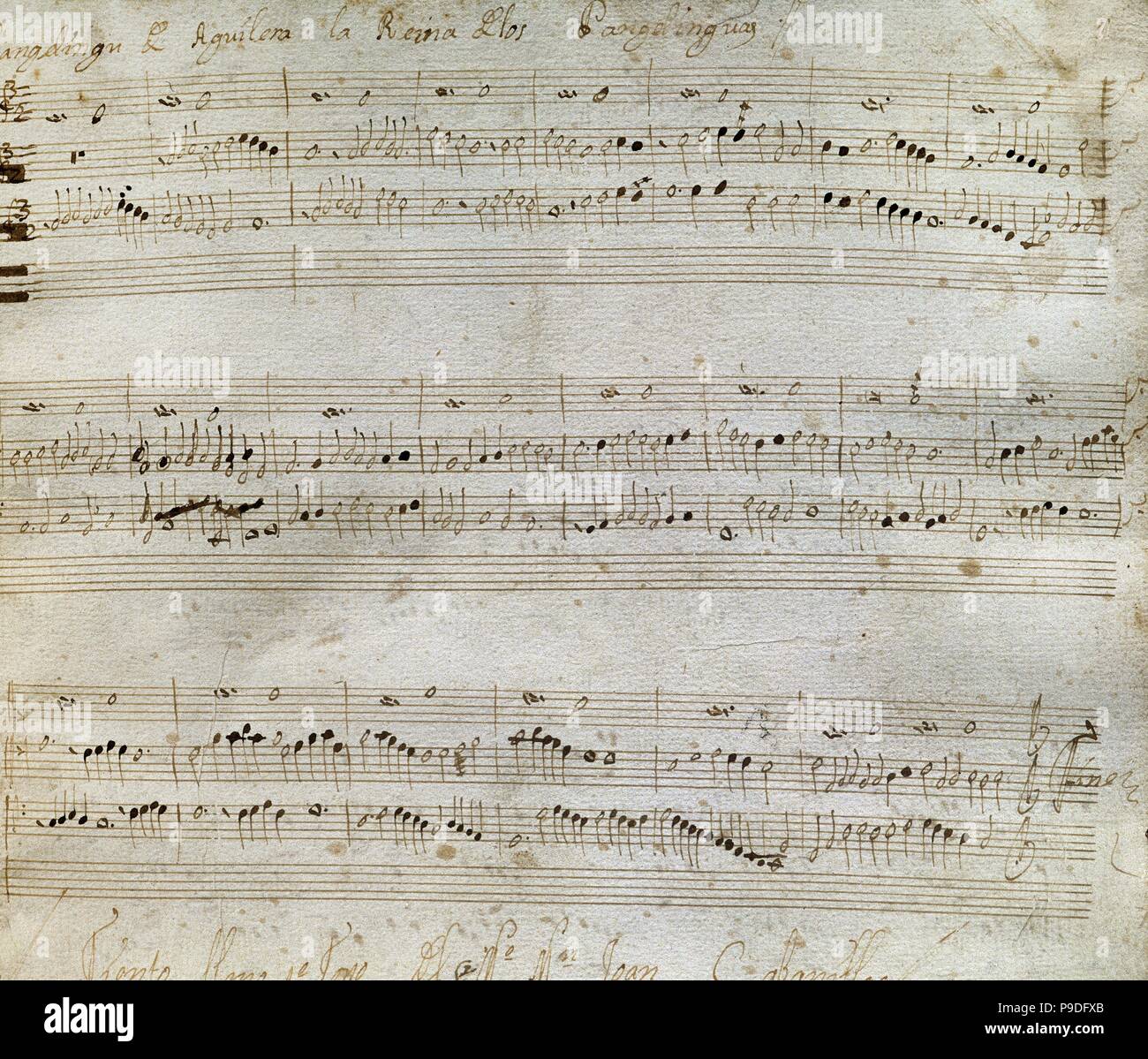 Juan Cabanilles (1644-1712). Lo spagnolo compositore organista. Manoscritto di Tiento piena di primo tono (Tiento Lleno de primer tono). Biblioteca di Catalogna. Barcellona, in Catalogna, Spagna. Foto Stock