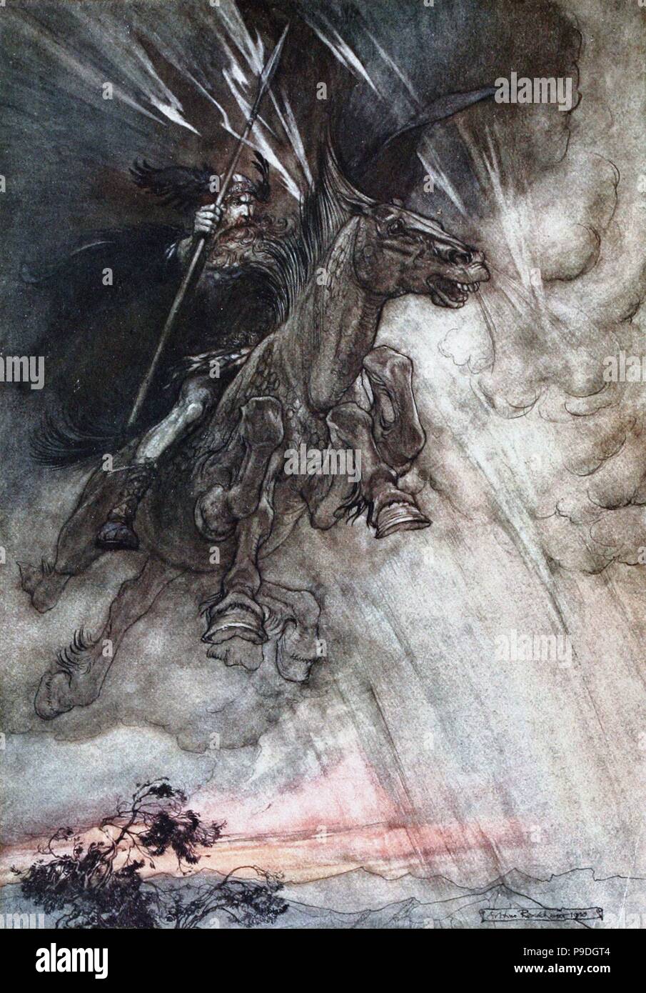 Furiosamente Wotan è in sella alla roccia. Illustrazione per 'Il Rhinegold e la valchiria" di Richard Wagner. Museo: Collezione privata. Foto Stock