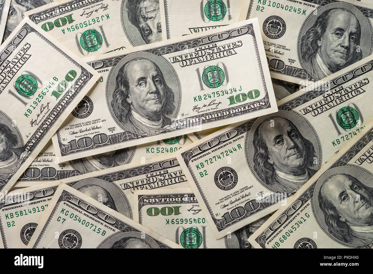 Il denaro dollaro. Sfondo con denaro american Hundred Dollar Bills. Vista dall'alto. Foto Stock