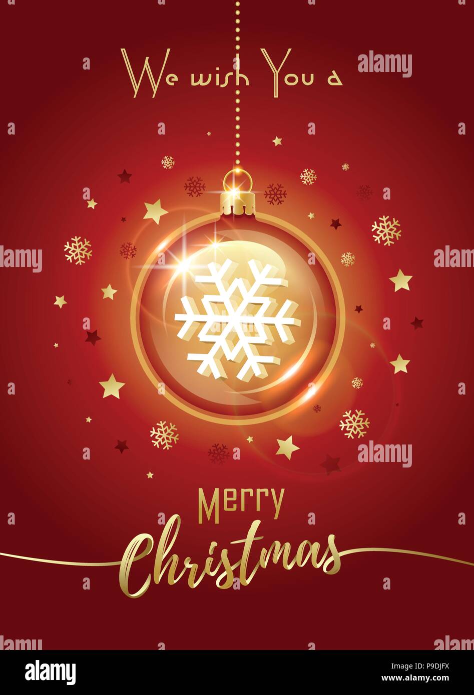 Merry Christmas greeting card. Natale sfera di cristallo con il simbolo del fiocco di neve all'interno. Illustrazione Vettoriale. Illustrazione Vettoriale