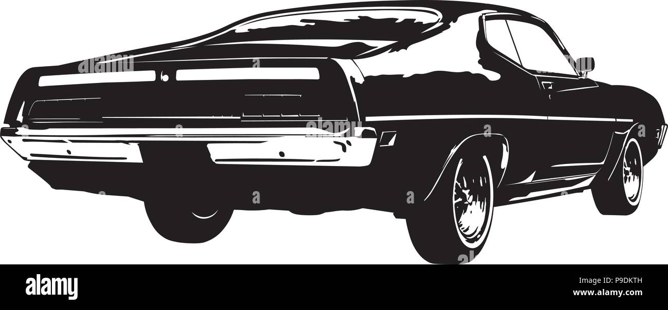 Silhouette di american muscle car, nei primi anni settanta, vista posteriore, illustrazione vettoriale. Illustrazione Vettoriale