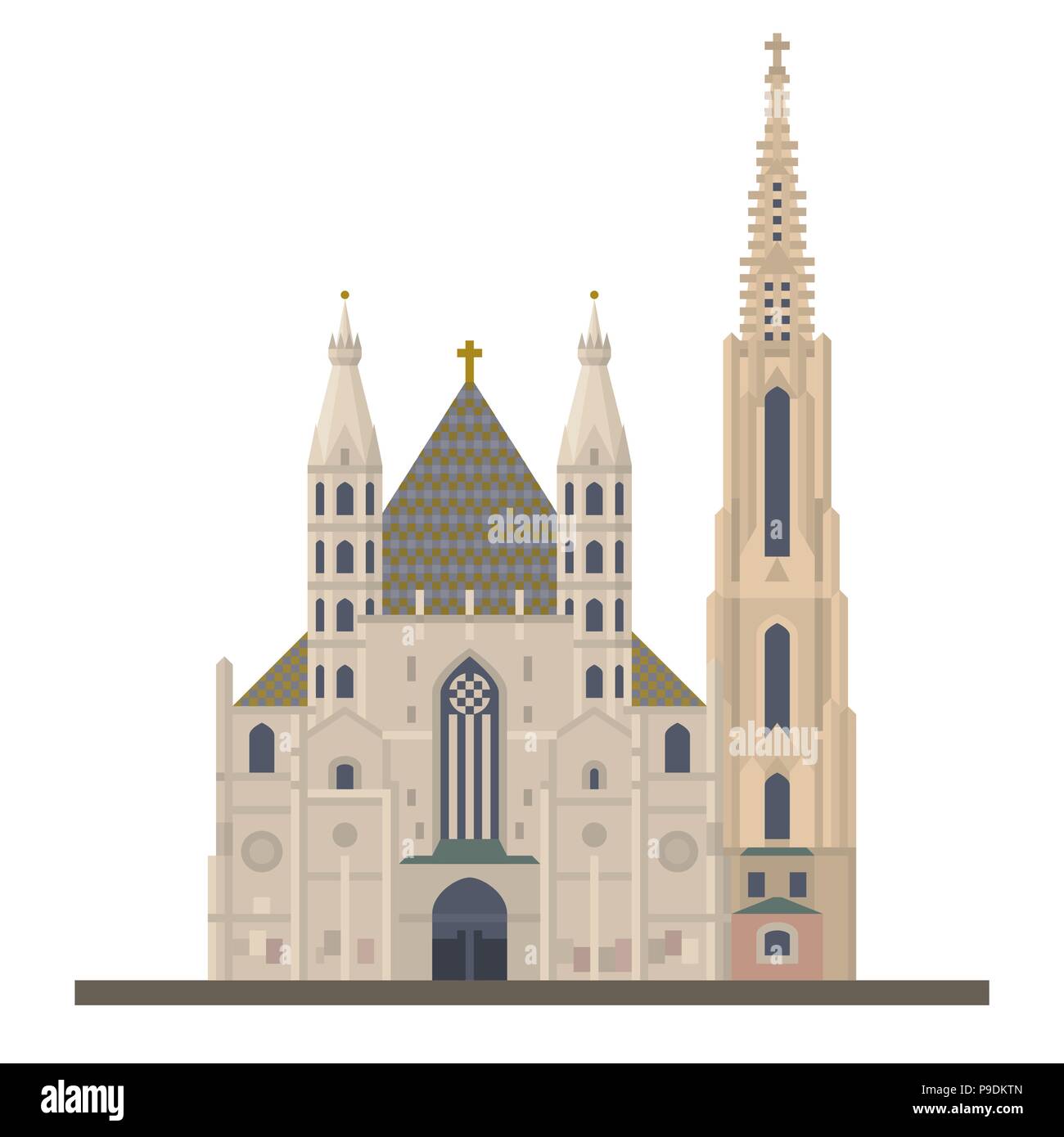 Design piatto icona vettore di Saint Stephens Cathedral o Stephansdom a Vienna, Austria Illustrazione Vettoriale