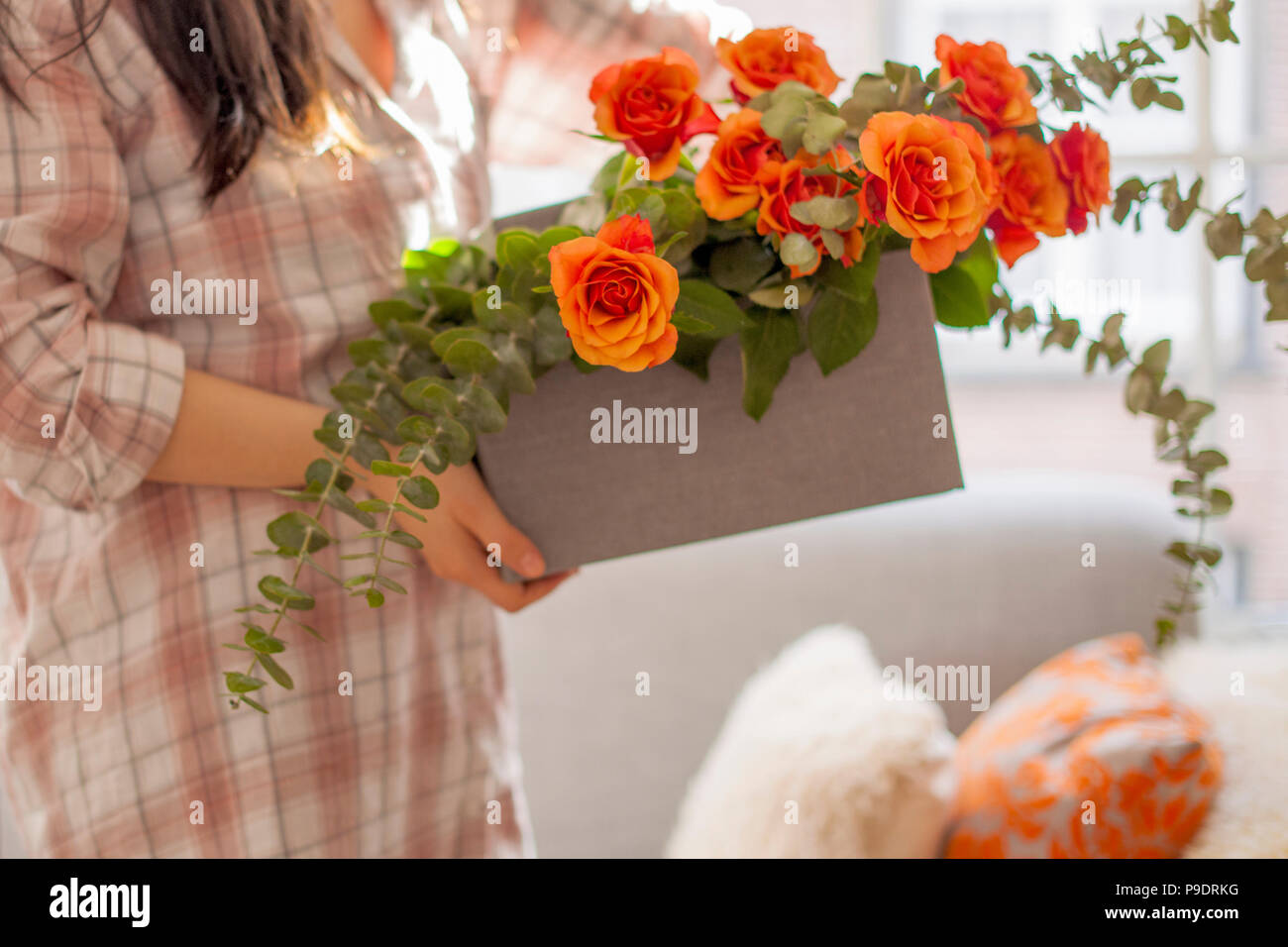 Tea Rose in una confezione regalo in mani femminili. La ragazza in pigiama. Intimità domestica. Buona mattina. Spazio libero per il testo o una cartolina. Foto Stock