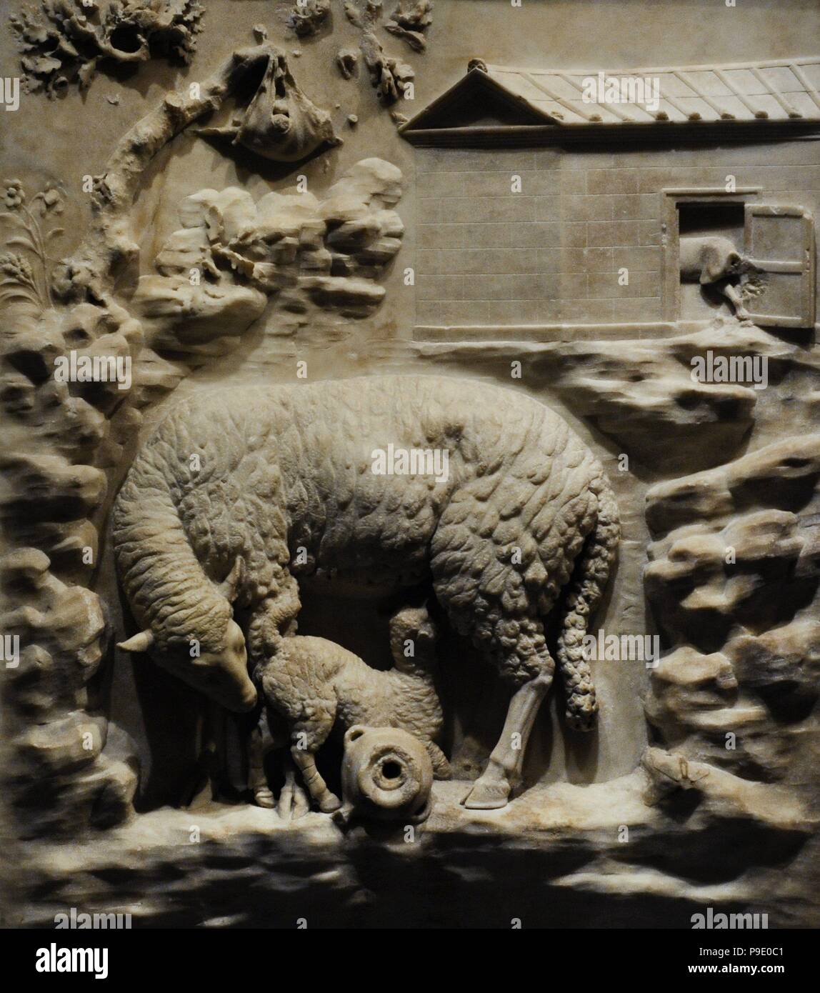 Rilievo con gli agnelli e le pecore. Il marmo. Fine del I secolo A.C. Collezione Grimani. Museo di Storia dell'arte (Kunsthistorisches Museum). Vienna. Austria. Foto Stock