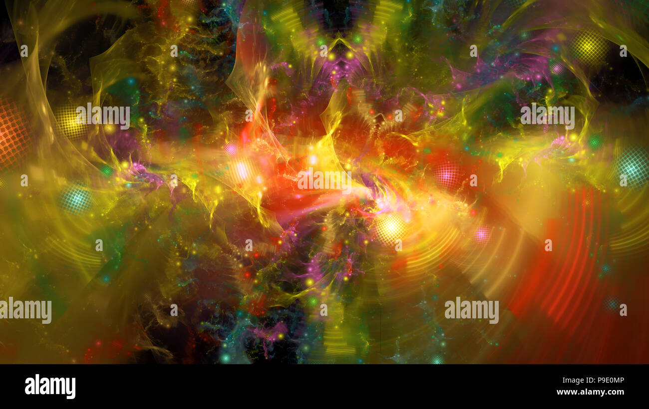 Quantums colorati con onde e particelle, generato dal computer sfondo astratto, rendering 3D Foto Stock