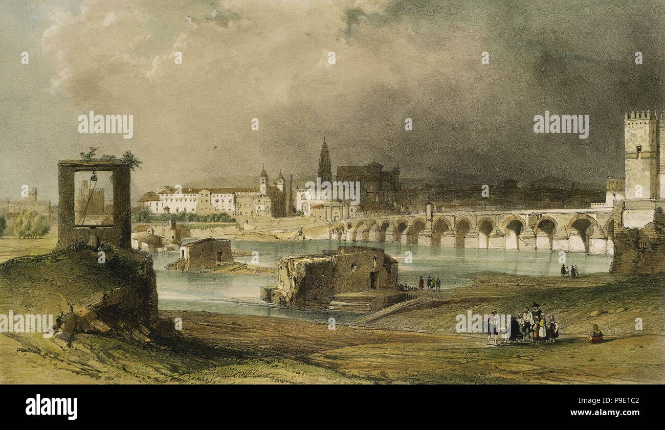 Spagna. Cordoba. Ponte romano sul fiume Guadalquivir. La litografia da Nicolas Chapuy, 1844. Foto Stock