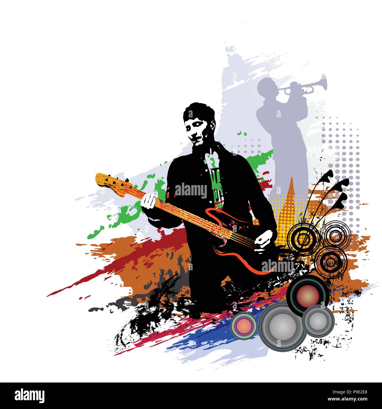 Festival della musica di sottofondo per party, concerti jazz, rock festival design con musicisti, chitarrista e sassofonista Illustrazione Vettoriale