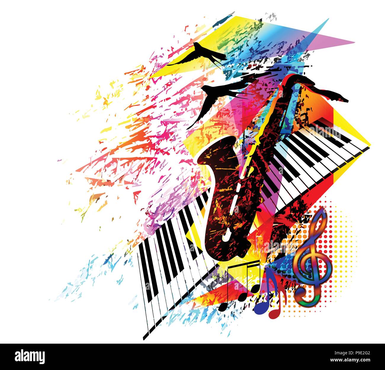 Festival della musica di sottofondo per party, concerti jazz, rock festival design con il sassofono, note musicali, chiave di violino e bass clef Illustrazione Vettoriale