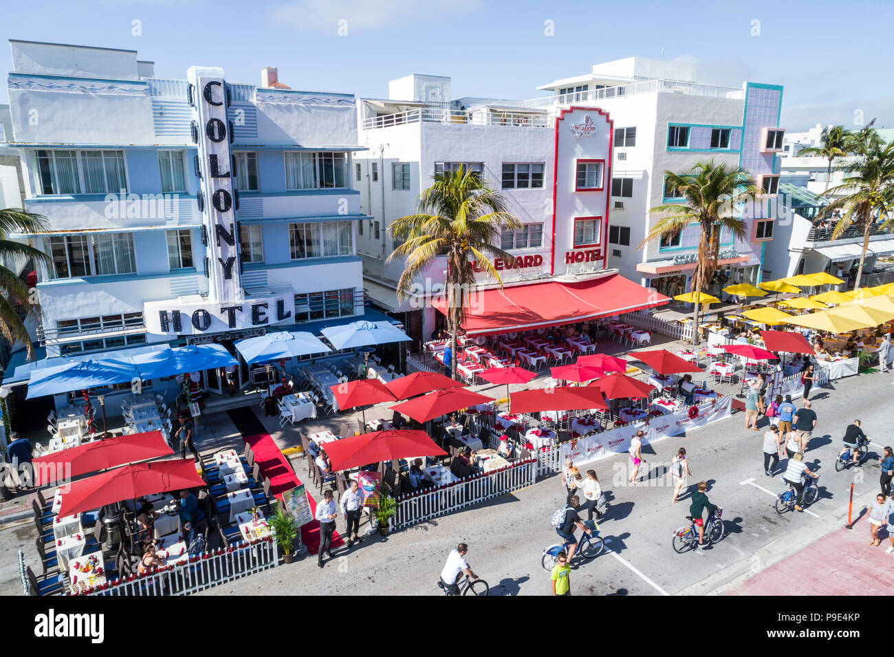 Miami Beach Florida, Ocean Drive, Colony Boulevard Starlite, hotel, ristorante ristoranti, cibo, caffè, al fresco, marciapiede all'aperto tavoli da pranzo Foto Stock