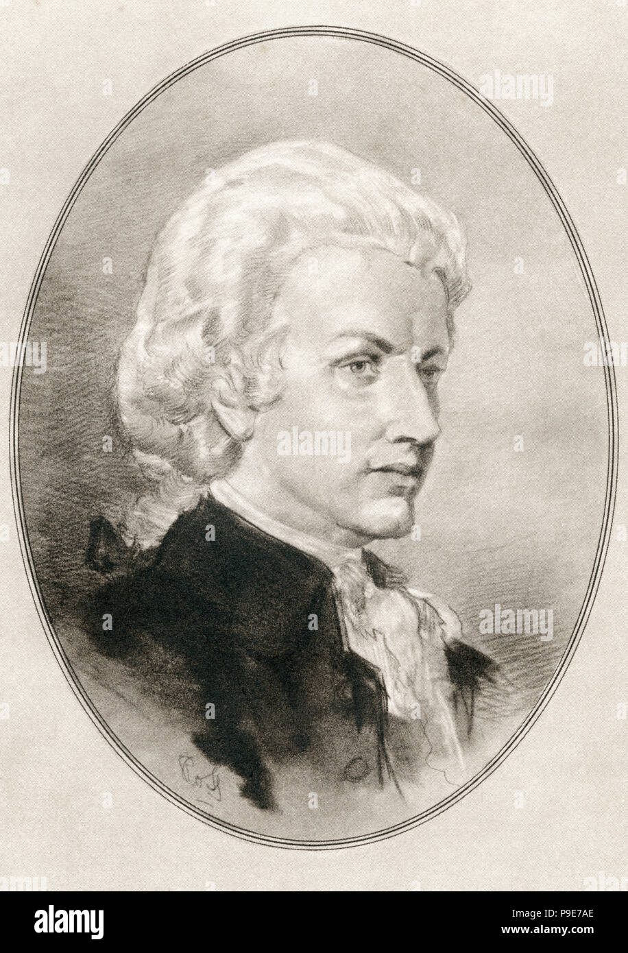 Wolfgang Amadeus Mozart, 1756 - 1791, battezzato come Johannes Crisostomo Wolfgangus Theophilus Mozart. Prolifico e influente compositore d'epoca classica. Illustrazione da Gordon Ross, artista americano e illustrator (1873-1946), dal vivere le biografie di grandi compositori. Foto Stock