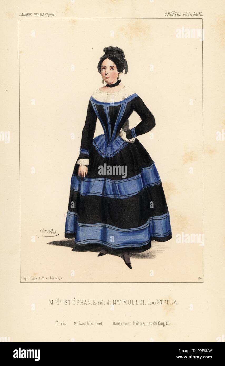 Mlle. Stephanie come Madame Muller a stella da Anicet Bourgeois, Teatro de la Gaite, 1843. Litografia Handcolored dopo una illustrazione di Victor Dollet da Galerie Dramatique: costumi des teatri de Paris, Paris, 1845. Foto Stock