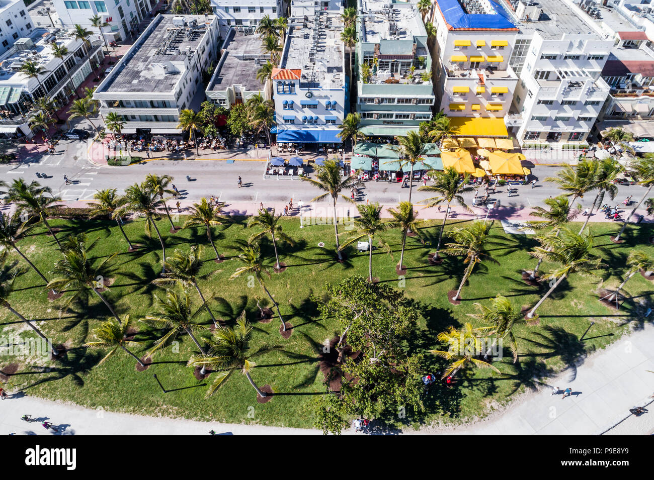 Miami Beach Florida, Ocean Drive, Lummus Park, hotel, ristoranti ristoranti, ristoranti, ristoranti, ristoranti, ristoranti, caffè, bistrot, Serpentine Trail, aereo overh Foto Stock