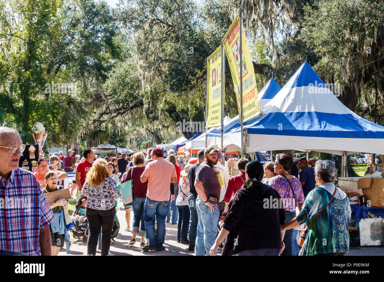 Florida,Micanopy,Fall Harvest Festival,annuale piccola città comunità stand bancarelle venditori di acquisto vendere, folla, passeggino, uomo uomini maschio, donna femmina Wome Foto Stock