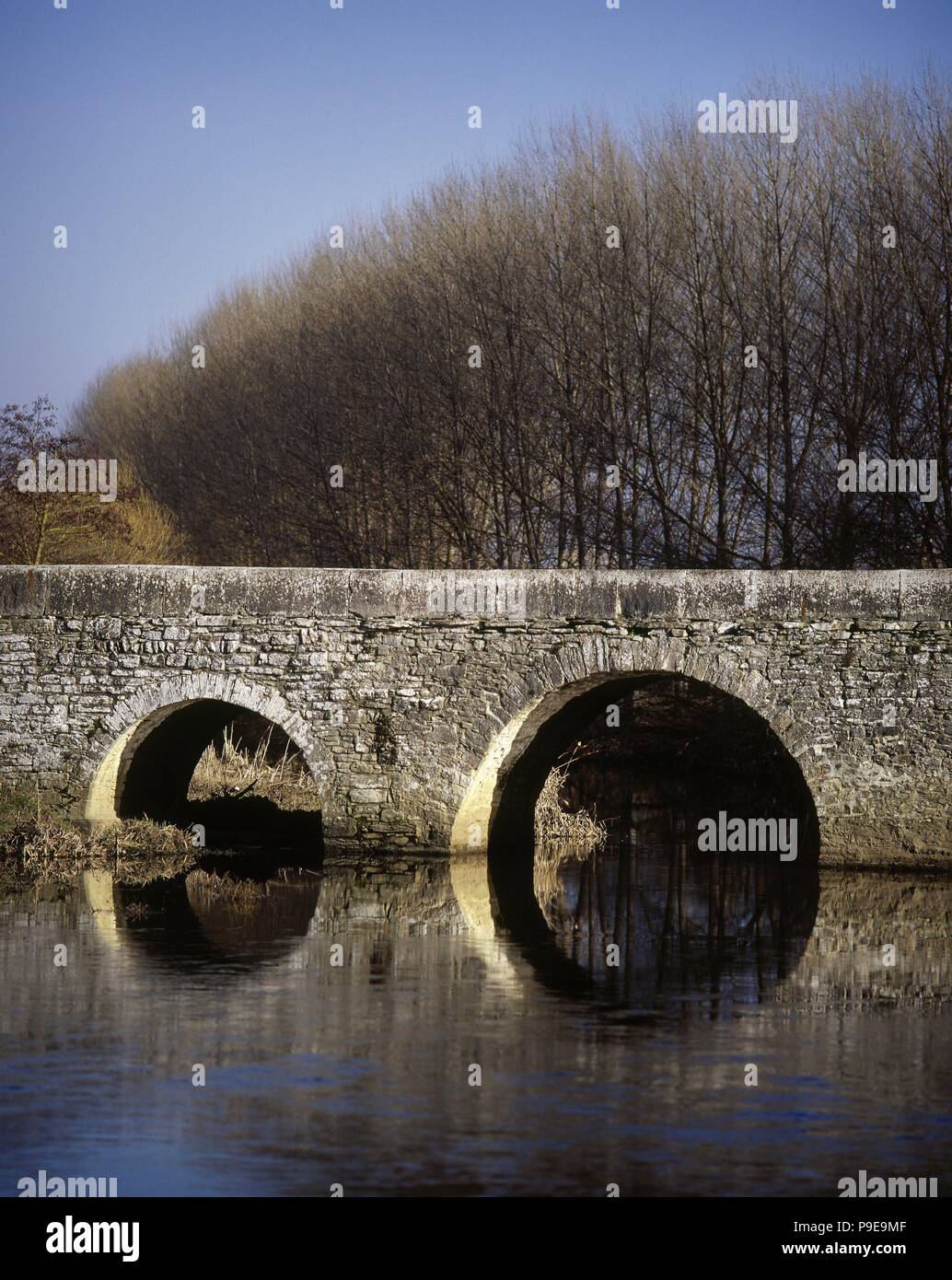 Il Trespuentes ponte sul fiume Zadorra. Con tredici arcate a tutto sesto fu costruito con pezzi di pietra e malta di calce, fatta eccezione per quelle pietre che portano l'arch. Origini romane con subsequents restauri. Dettaglio. Irun a de Oca, provincia di Alava, Paesi Baschi, Spagna. Foto Stock