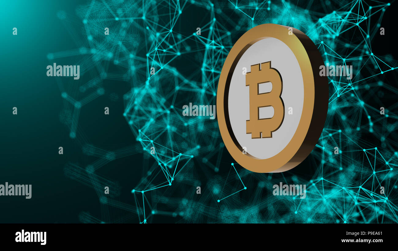 Bitcoin moneta e molti collegamenti di rete, generato dal computer tecnologia astratta sfondo, 3D render Foto Stock