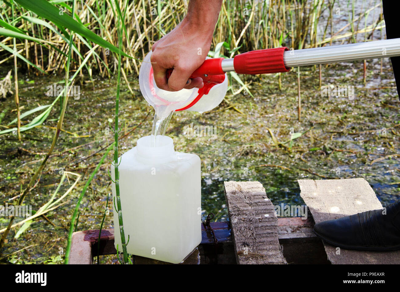 Prelevare campioni di acqua per le prove di laboratorio. Il concetto - analisi della purezza dell'acqua, ambiente, ecologia Foto Stock