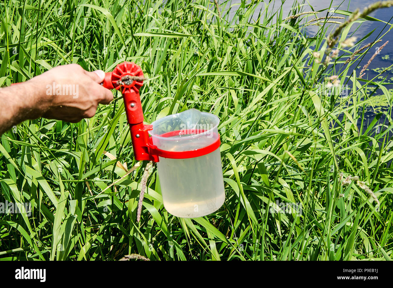 Prelevare campioni di acqua per le prove di laboratorio. Il concetto - analisi della purezza dell'acqua, ambiente, ecologia Foto Stock