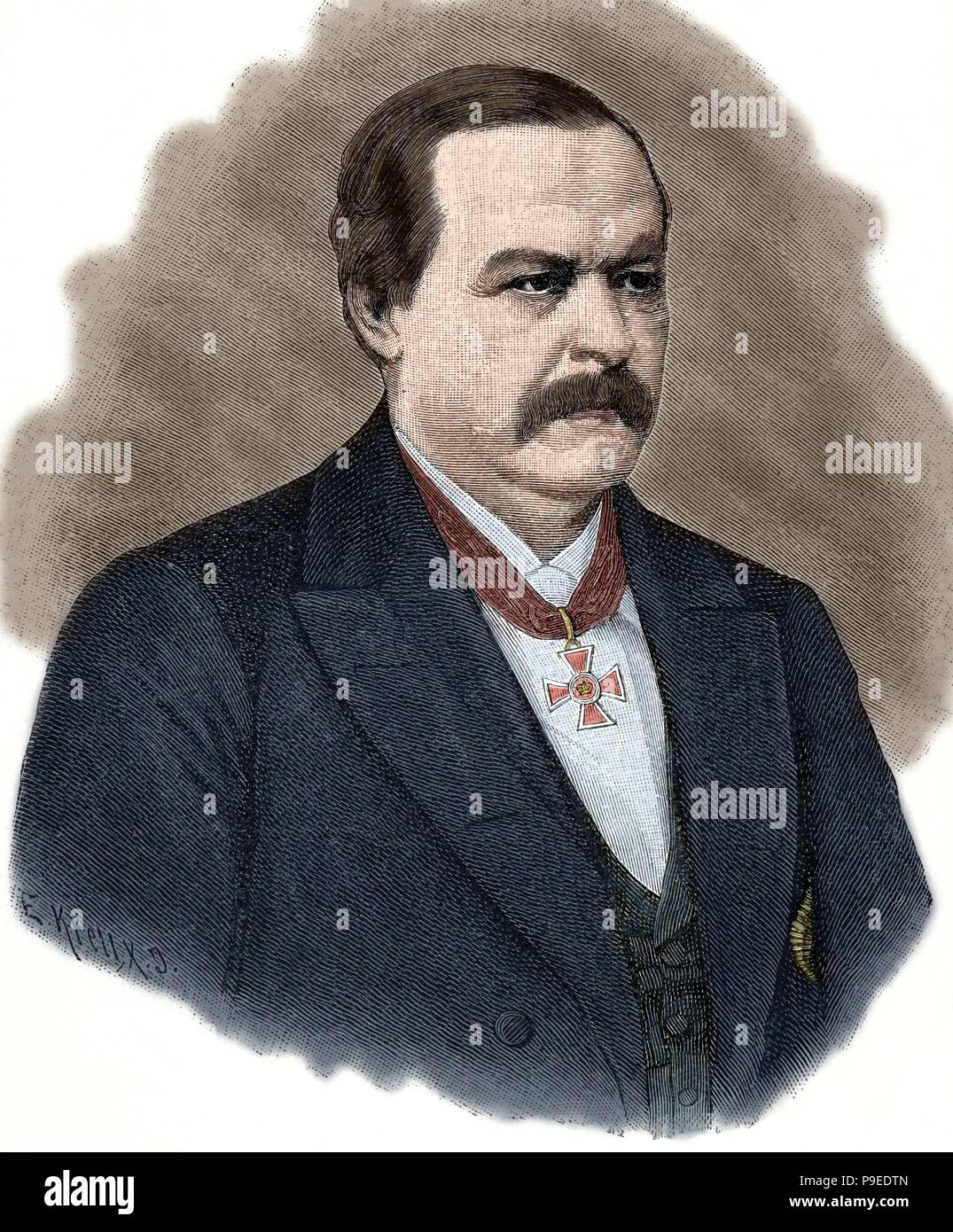 Max von Forckenbeck(1821-1892). Avvocato e uomo politico tedesco. Sindaco di Berlino da 1878-1892. Uno dei fondatori del liberale Partito Nazionale. Ritratto. Incisione di E. Krell. "Historia universale", 1883. Colorati. Foto Stock