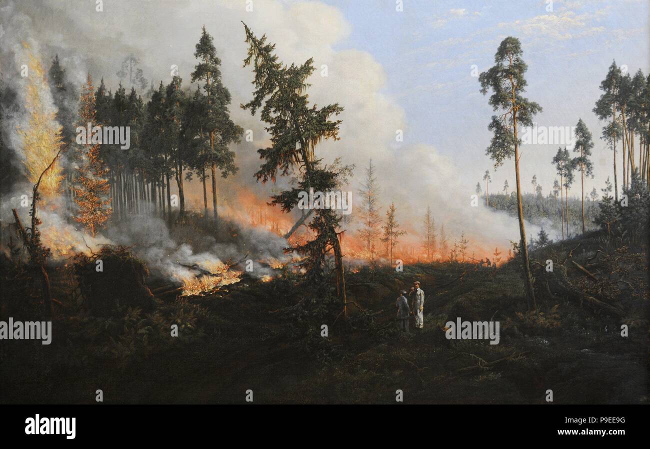 Wincenty Dmochowski (1807-1862). Pittore attivo a Vilnius. L'incendio di foresta, 1860. Vilnius Picture Gallery. La Lituania. Foto Stock