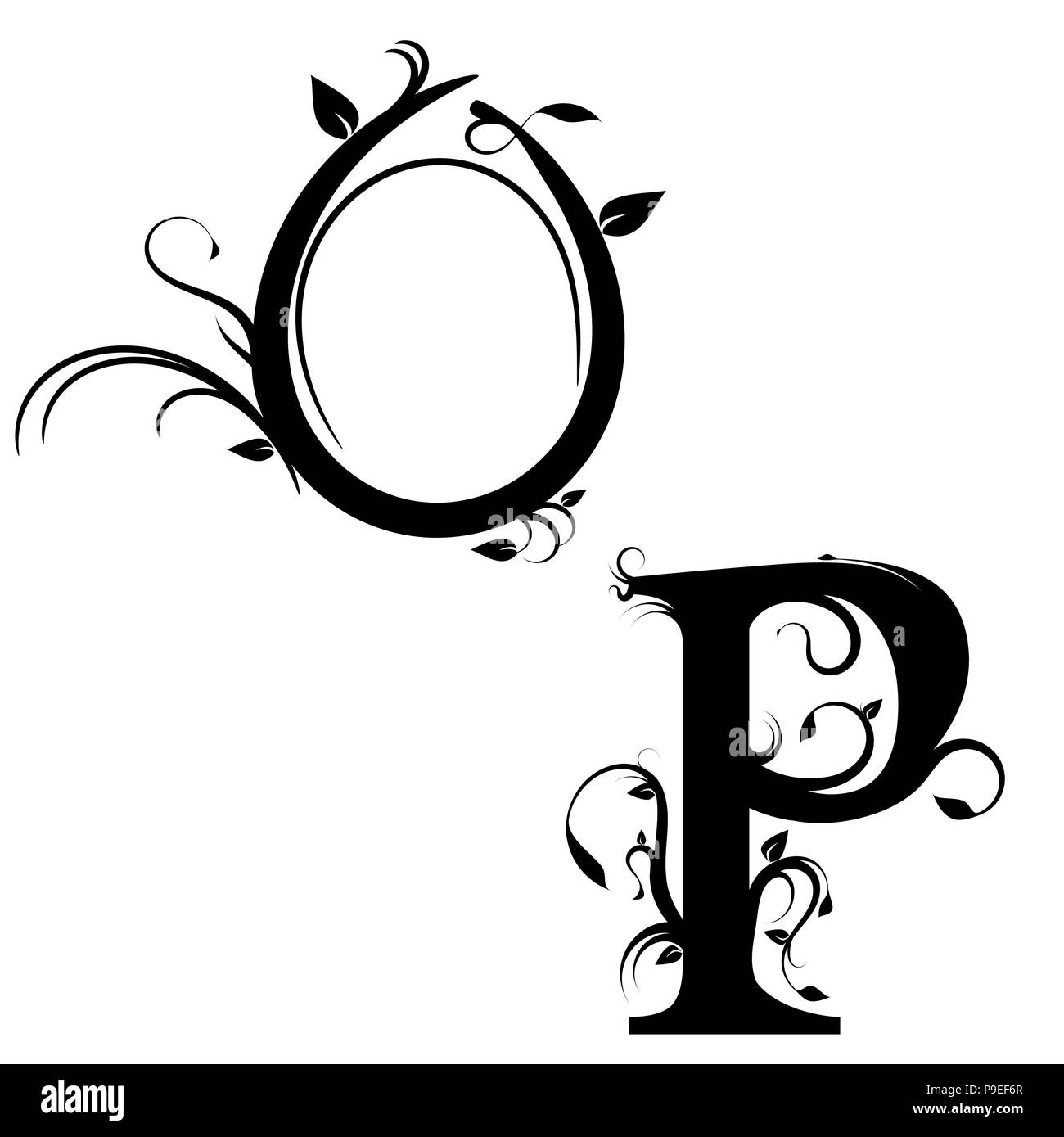 Floreale decorativo lettere O e P su uno sfondo bianco, illustrazione vettoriale Illustrazione Vettoriale