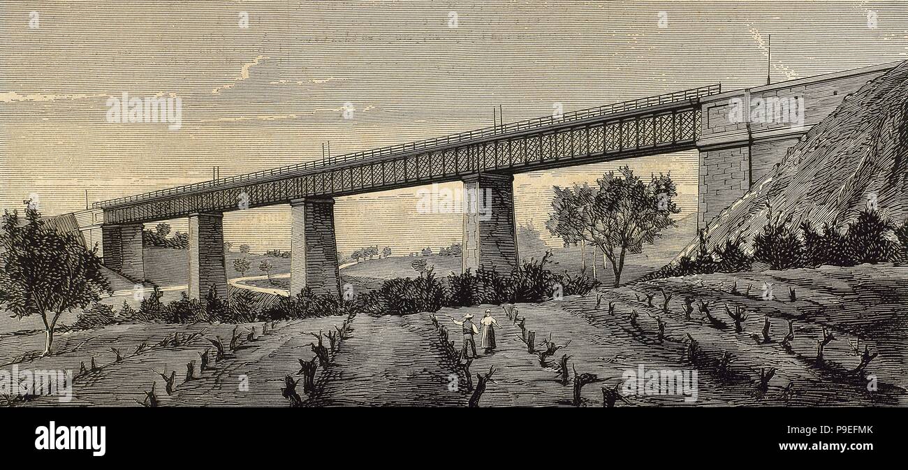 Spagna. La Catalogna. Nuovo ponte di ferro in ferrovia da Granollers a San Juan de las Abadesas, costruiti nelle officine di La Maquinista Terrestre y Maritima (MTM). Incisione di Rico. 'La Ilustracion Española y Americana ", 1879. Foto Stock