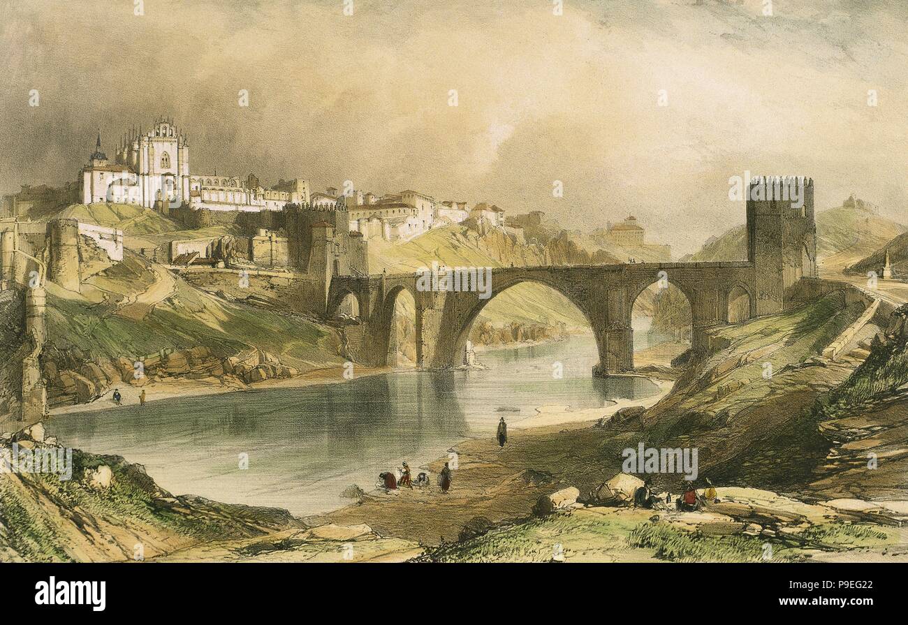 Chapuy Nicolas (1790-1858). Litografo francese, specializzata nella progettazione di monumenti. Alcantara ponte sul fiume Tago. Toledo. Spagna. Litografia a colori, 1844. Foto Stock