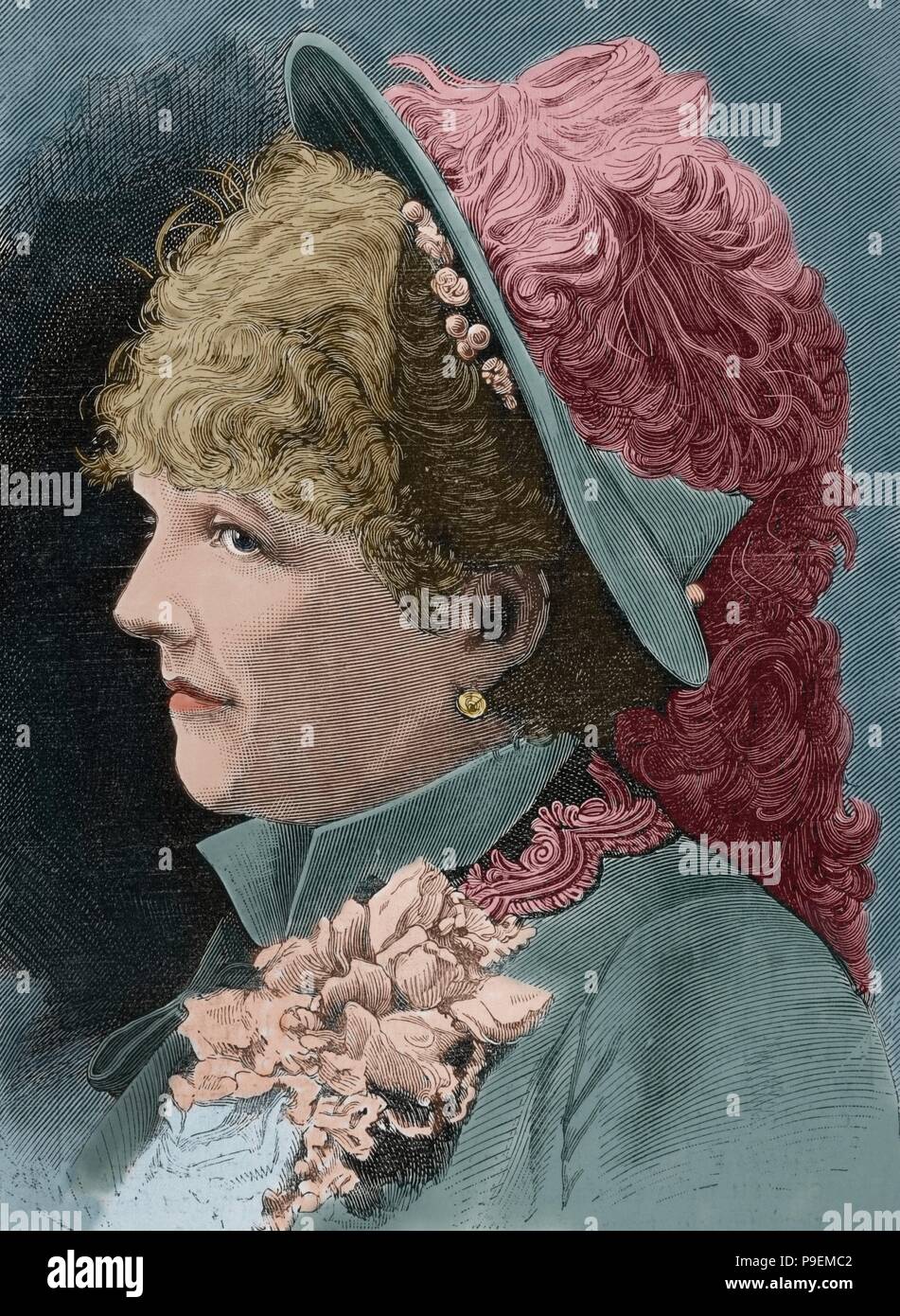 Celine Chaumont (1848-1926). Francese cantante di operetta. Ritratto. Incisione di cofano. 'La Ilustracion Española y Americana ", 1883. Colorati. Foto Stock