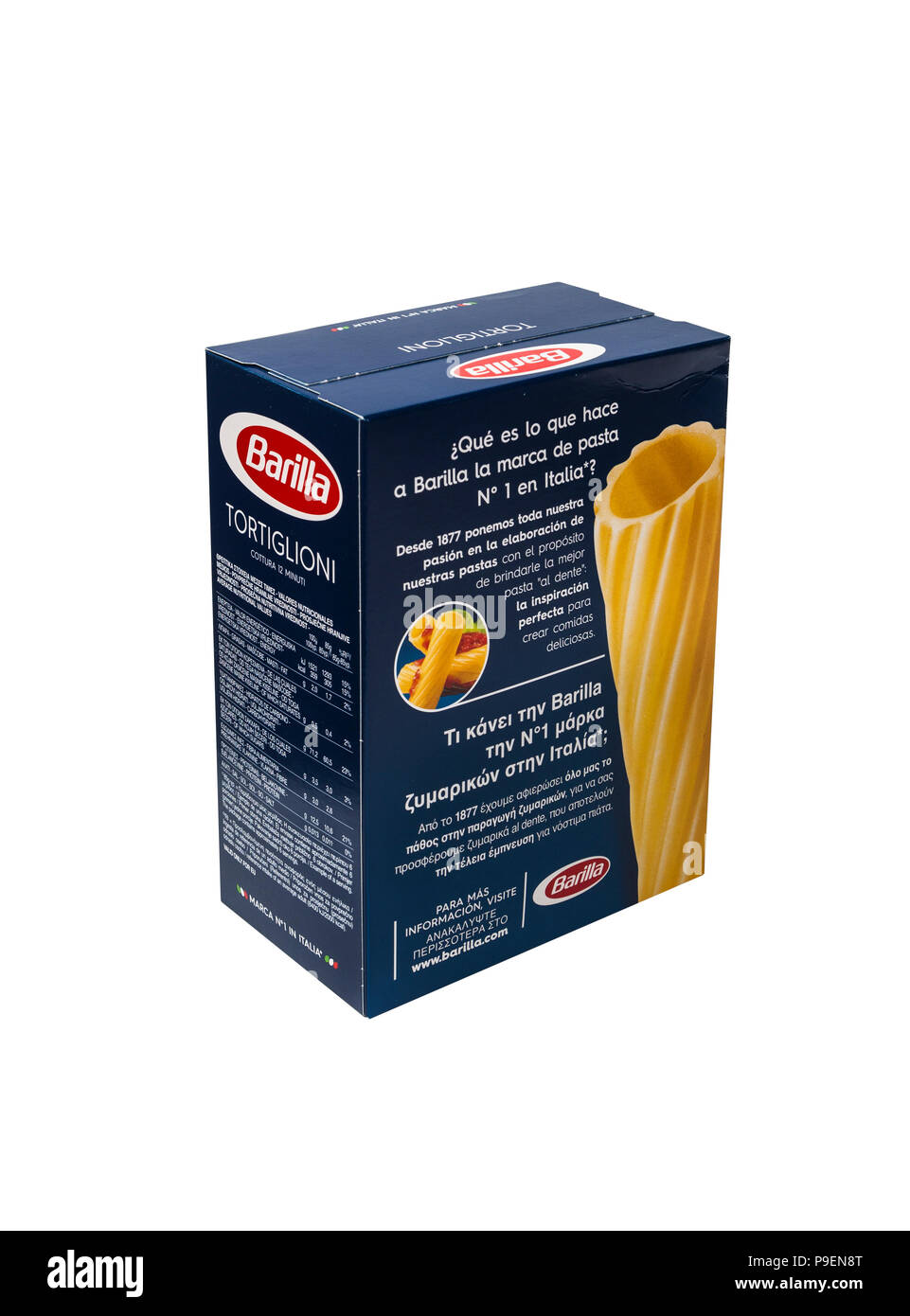 Barilla Tortiglioni pasta italiana in una scatola Foto Stock
