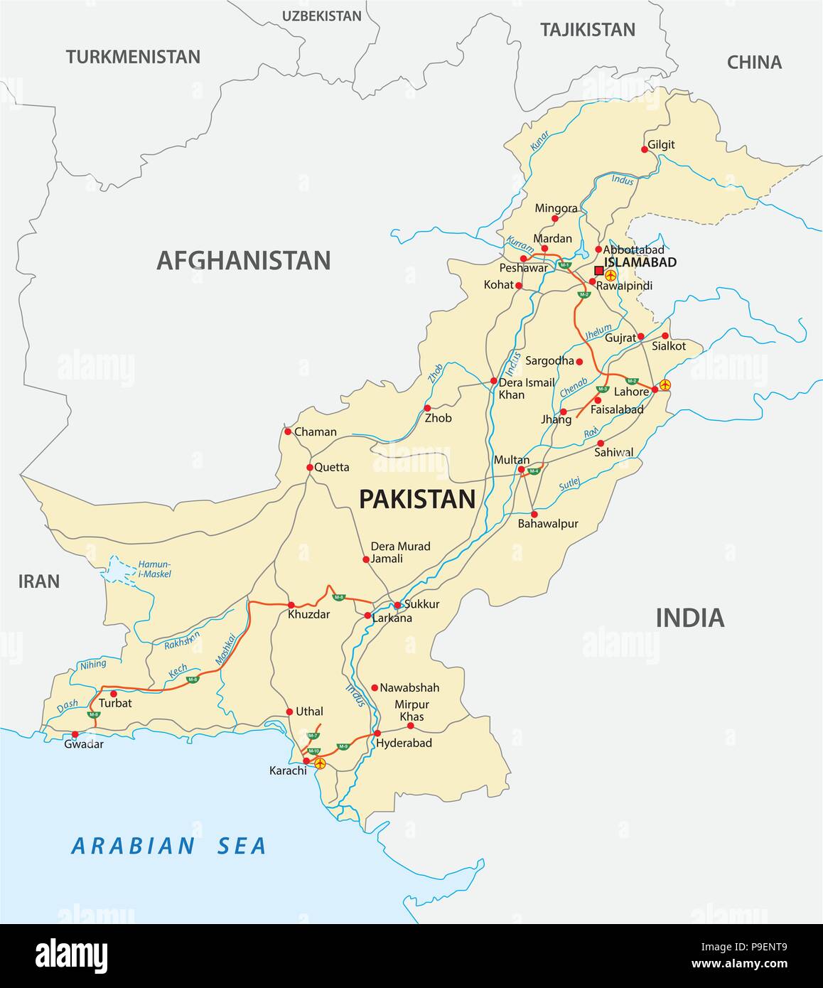 Repubblica islamica del Pakistan road mappa vettoriale. Illustrazione Vettoriale