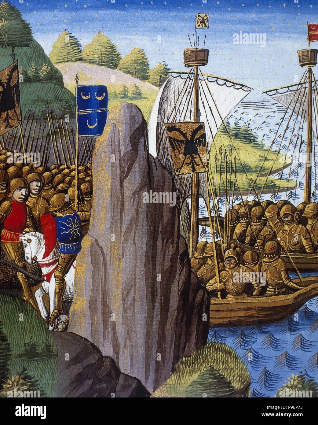 La conquista romana di Britania. Regno dell'imperatore Claudio ( 10 BC-54 AD ). Miniatura. Il codice del XV secolo. La Francia. Conde Museum. Chantilly. Foto Stock